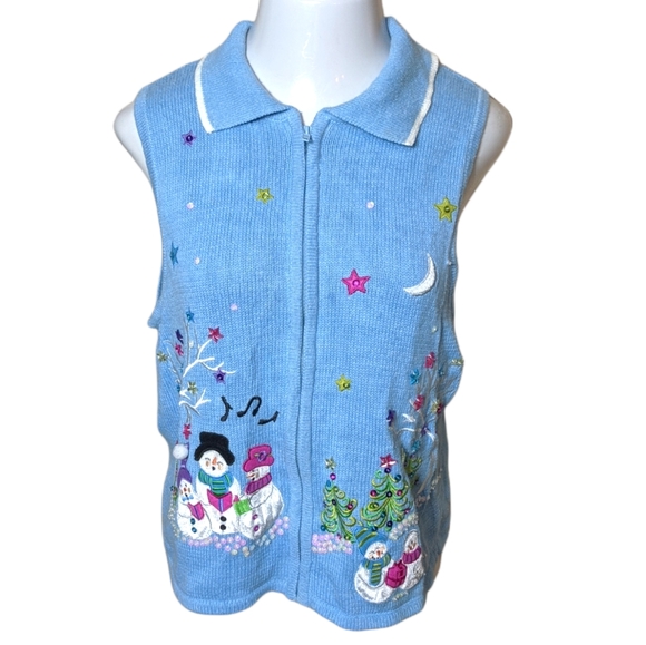 TIARA INTERNATIONAL Blue Snowman Christmas Sweater Vest Holiday Large Zipper